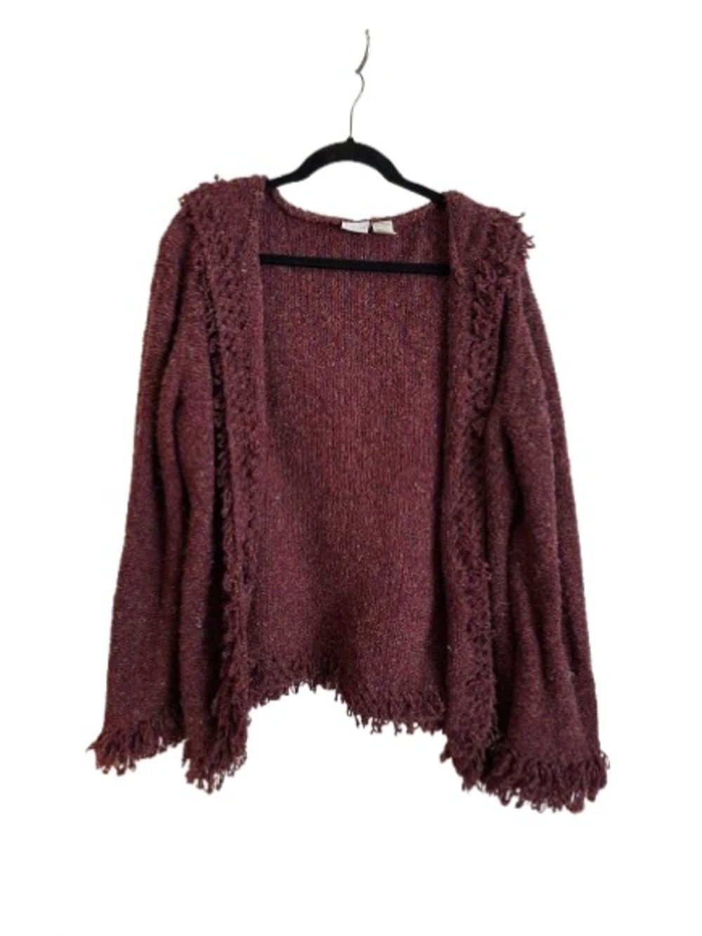 Lee Open-Front Fringe Cardigan Sweater — Wine